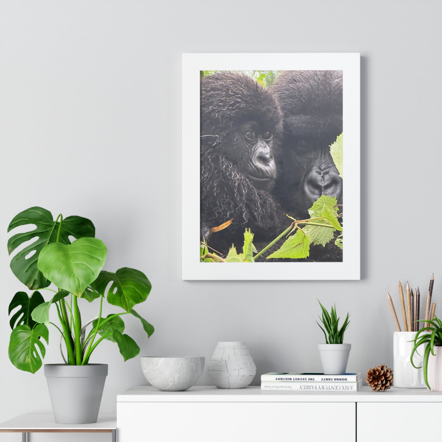 Gorilla mom and baby Framed Vertical Poster